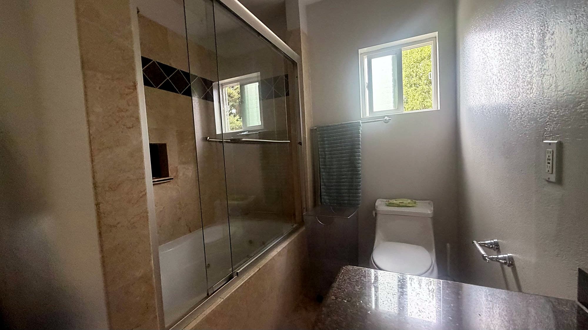 Ensuite room: the private bath, with the tub and shower behind glass doors and a window