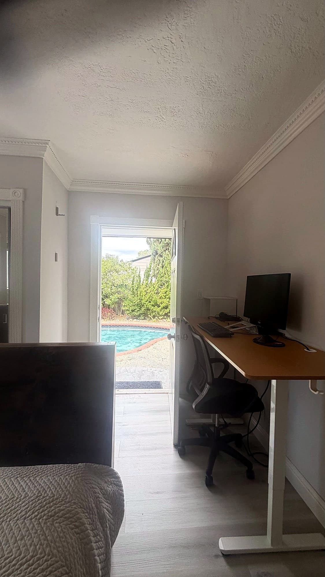 Ensuite room: the pool seen through the open door, with the standing desk beside it